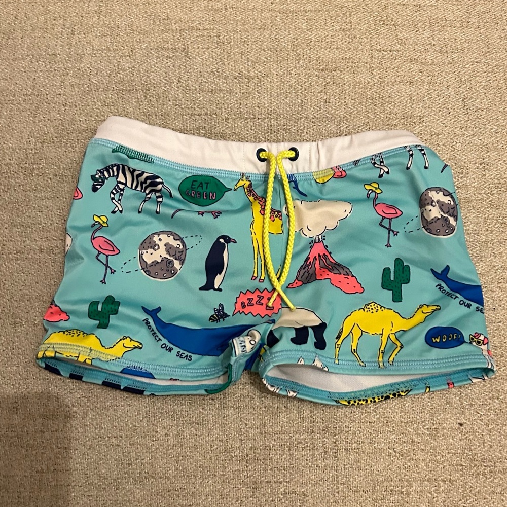 2 pair Boden Kids Swim Trunks - Multicolor Animal Print and blue stripe lot